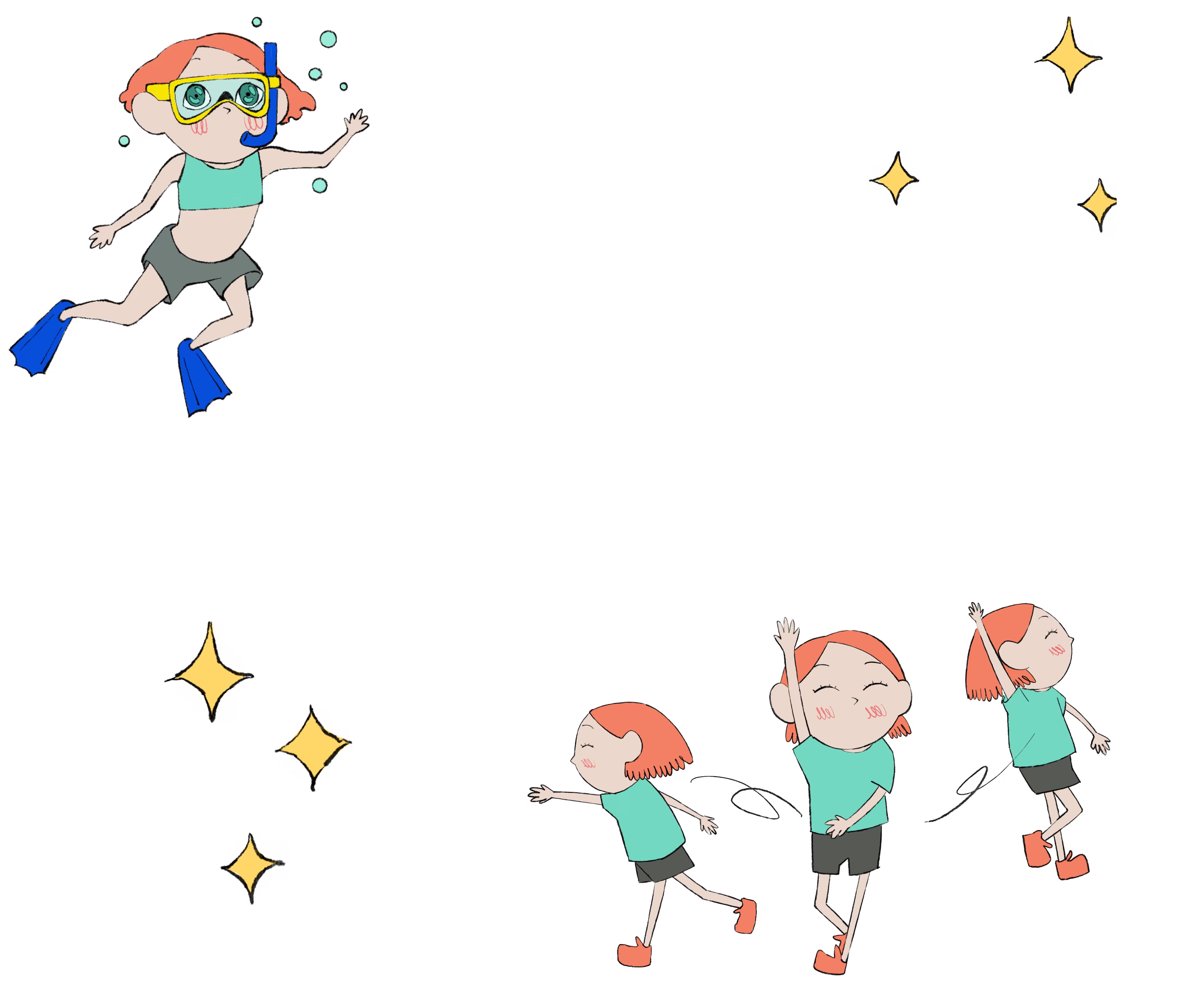 Zozzo plonge avec un masque, puis joue avec ses amis au milieu des étoiles