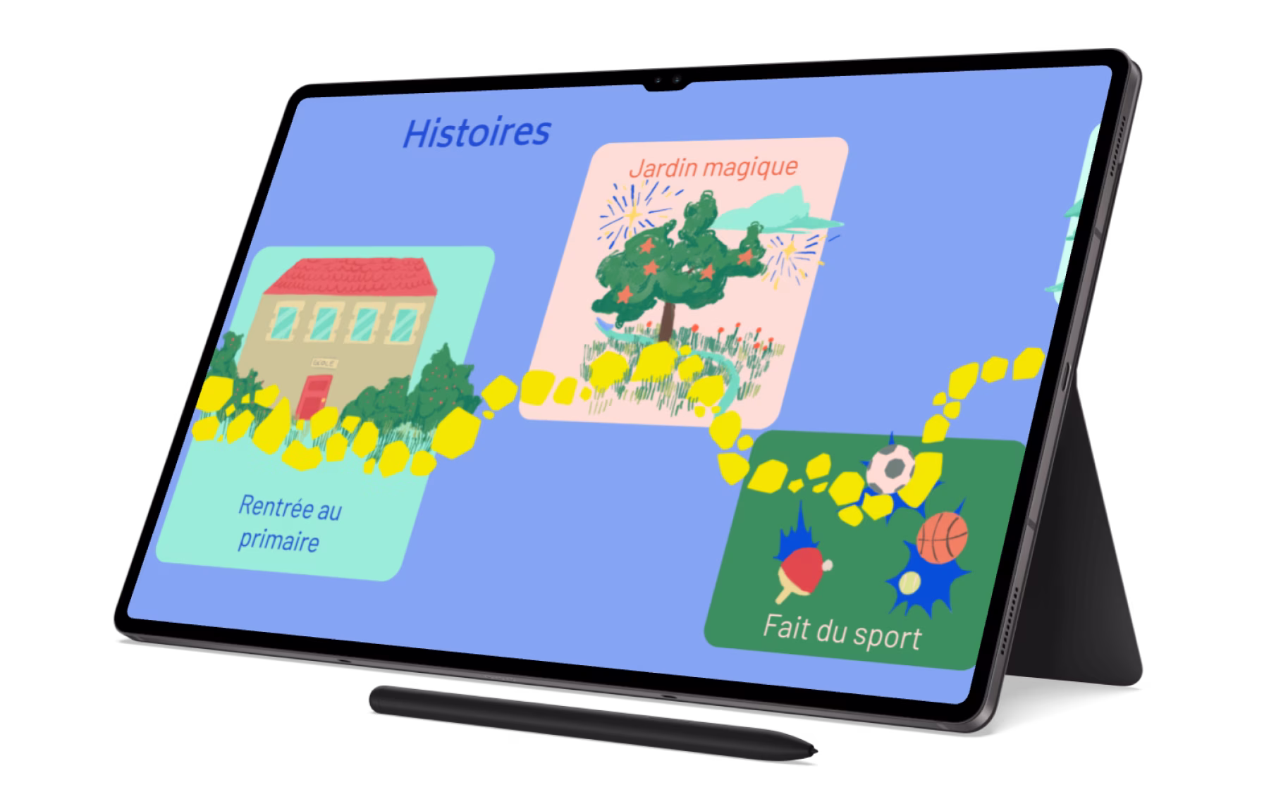 Écran des histoires de l'application ZOZZO affiché sur une tablette, avec les leçons Rentrée au primaire, Jardin magique et Fait du sport