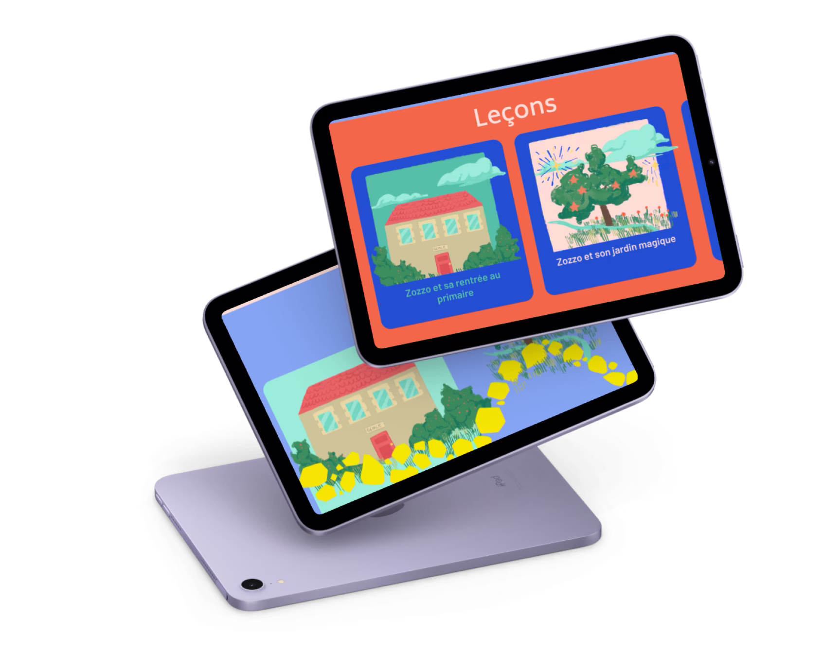 Aperçu de l'application ZOZZO sur deux tablettes, avec l'écran des leçons