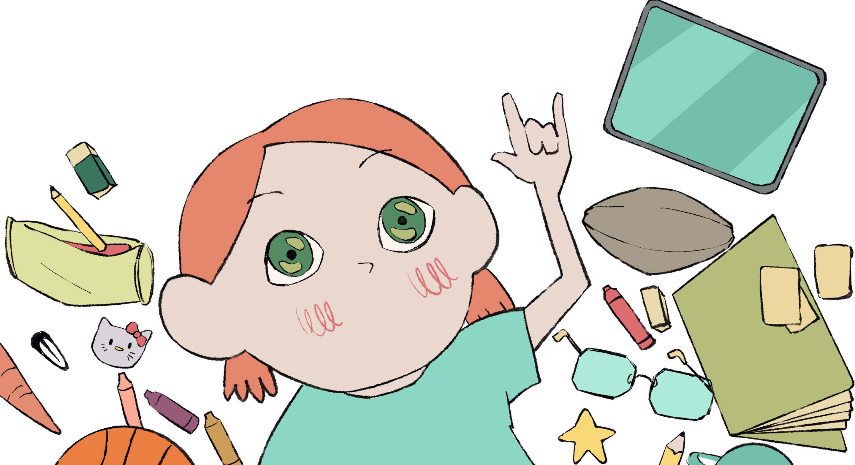 Zozzo qui fait un signe de la main, entourée de fournitures scolaires : trousse, crayons, gomme, cahiers, tablette, lunettes et ballon